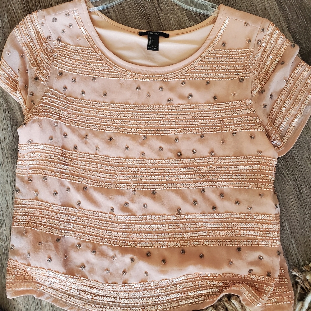 Blush Pink Silver Beaded Short-sleeve Blouse